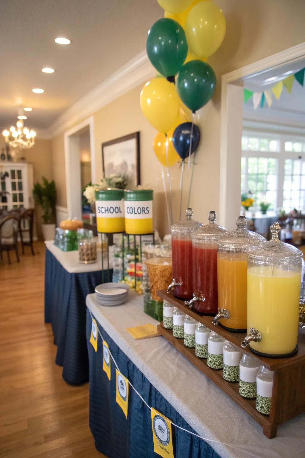 A themed refreshment corner reflecting school colors ensures guests remain refreshed and entertained.