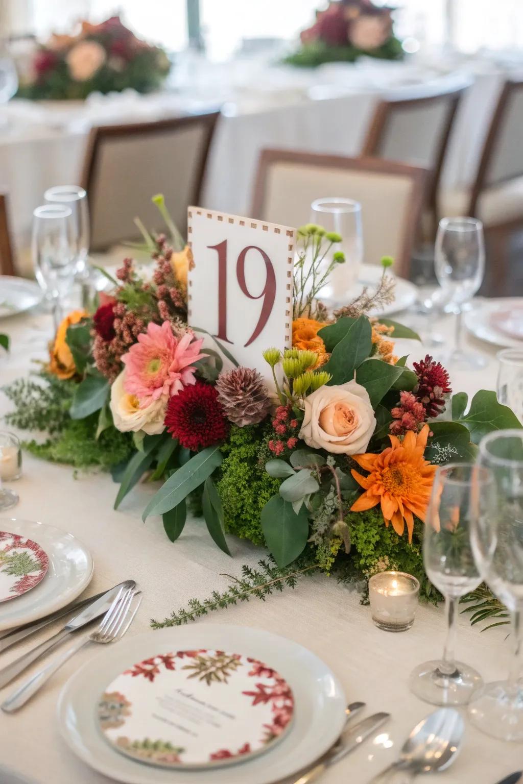 Blended blossom decor presents a cohesive and natural tablescape.