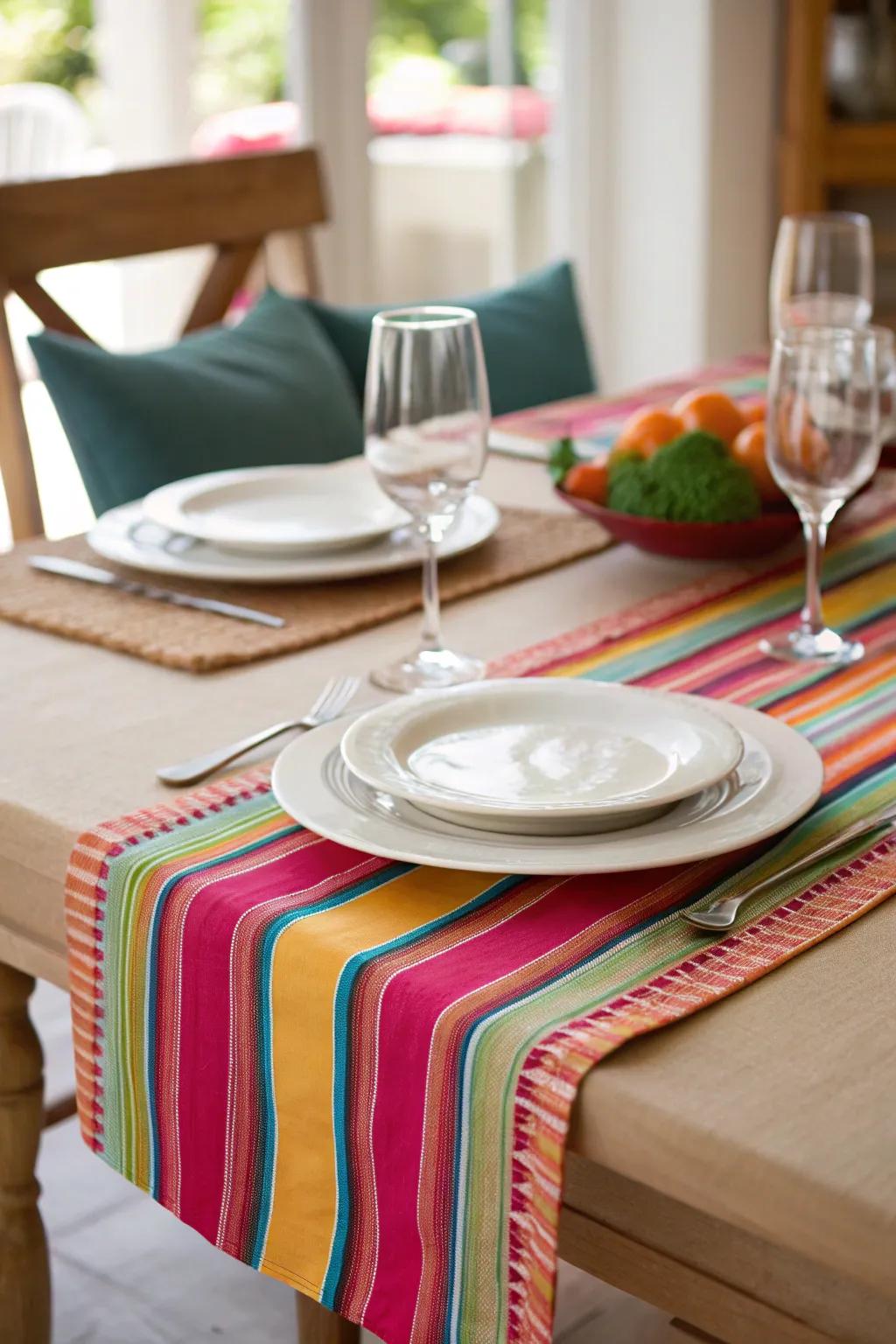 A modern striped table runner for a contemporary dining space.