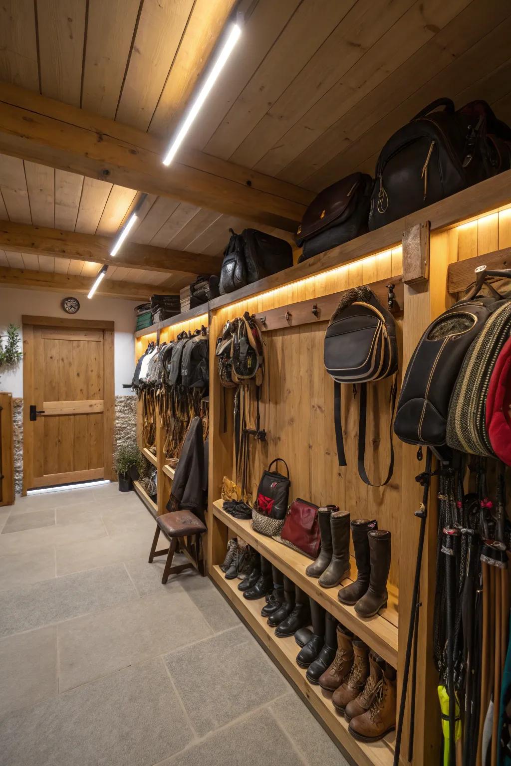 A well-lit tack room utilizing a mix of natural and LED illumination.