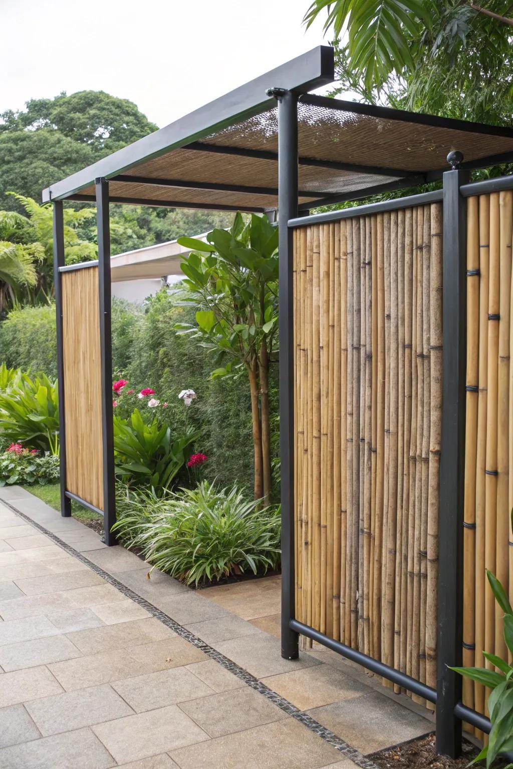 A privacy screen made of mixed materials, showcasing a blend of bamboo and steel.