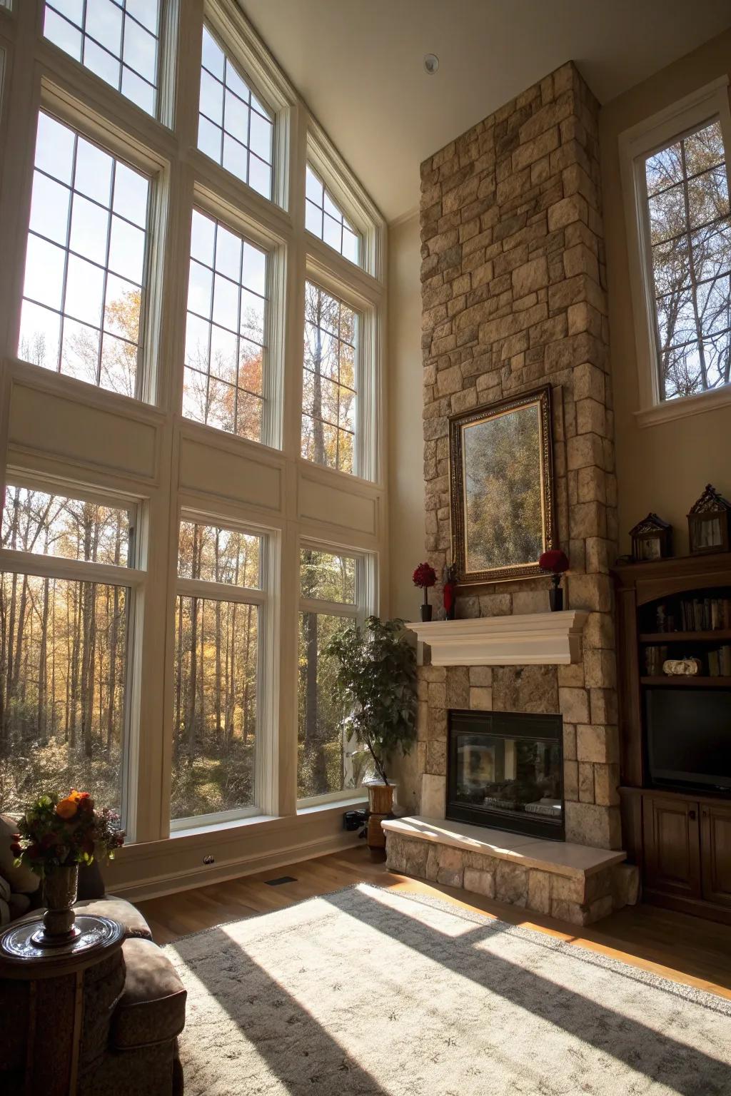 Large windows enhance the openness of a room with a tall fireplace.