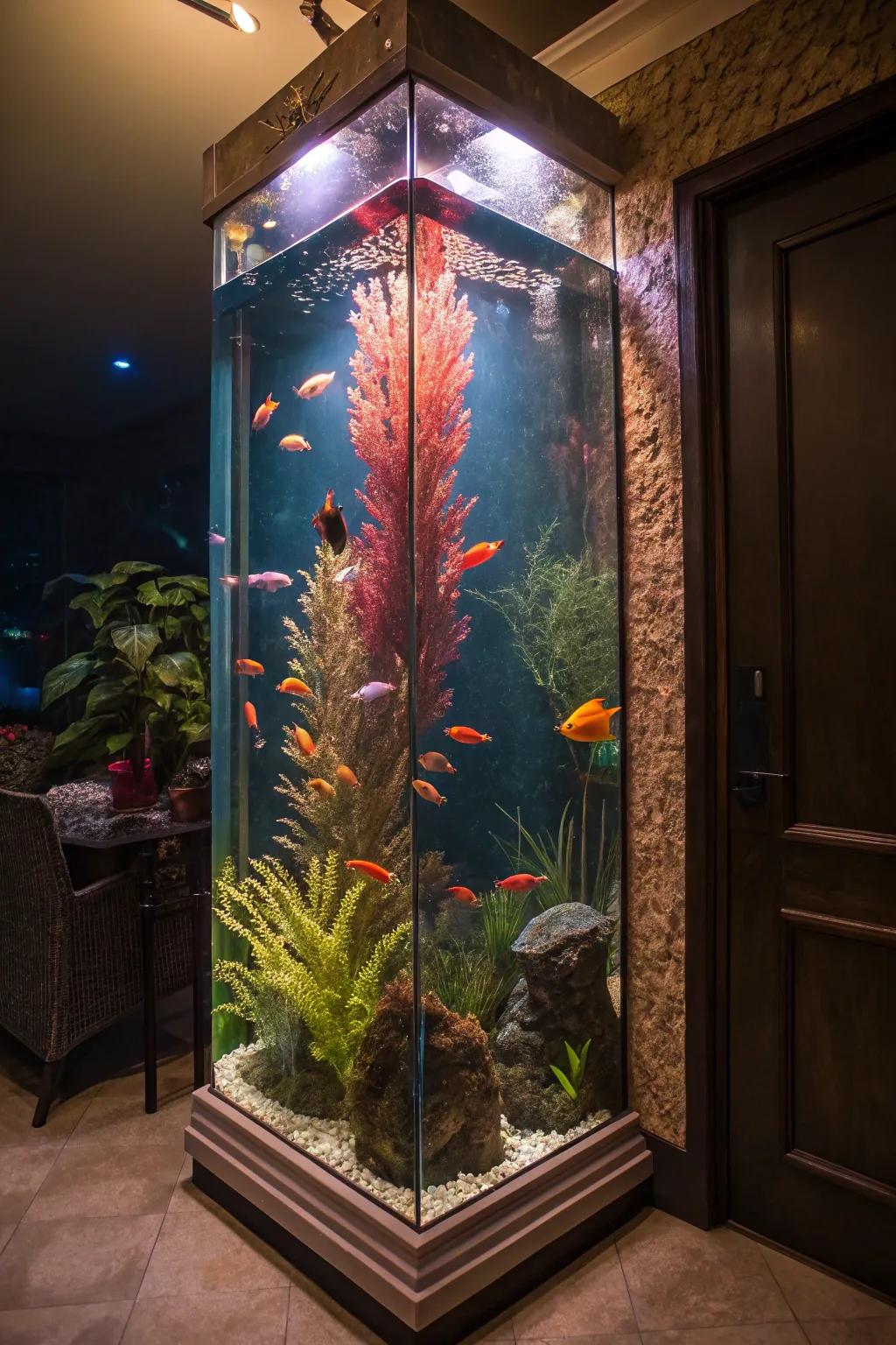 A radiant towering tank exhibiting dynamic aquatic life.