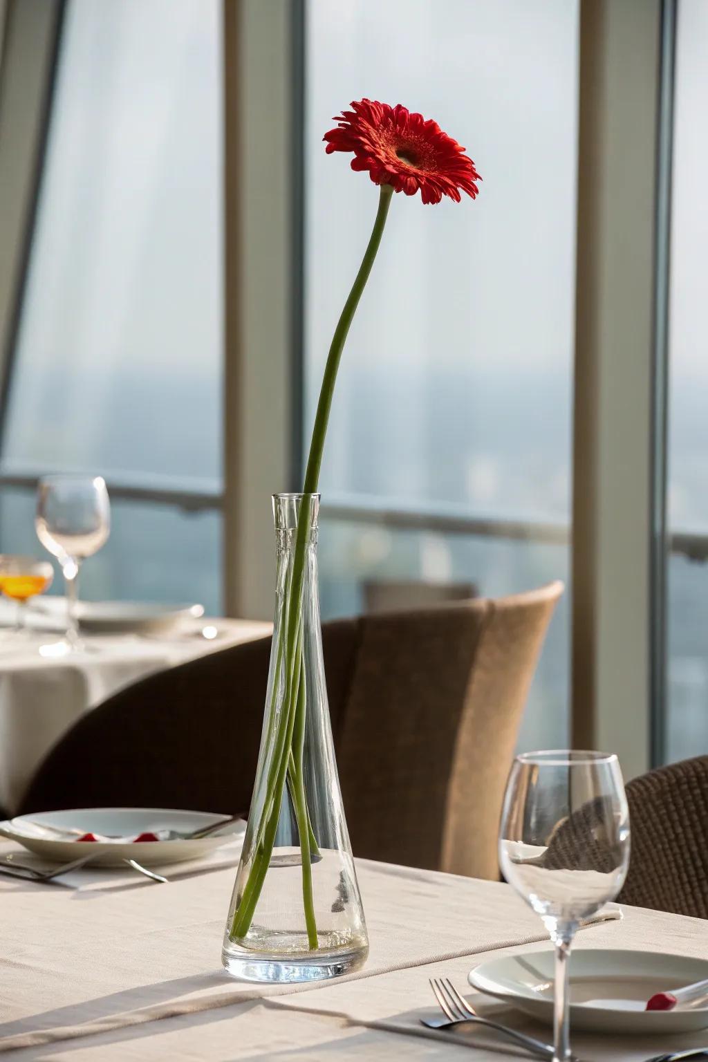 An elevated glass vase containing a solitary, dramatic scarlet blossom, serving as a striking centerpiece.