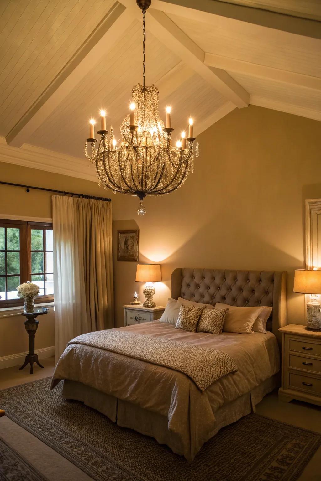 Soft lighting elevates the warmth within the tan room.
