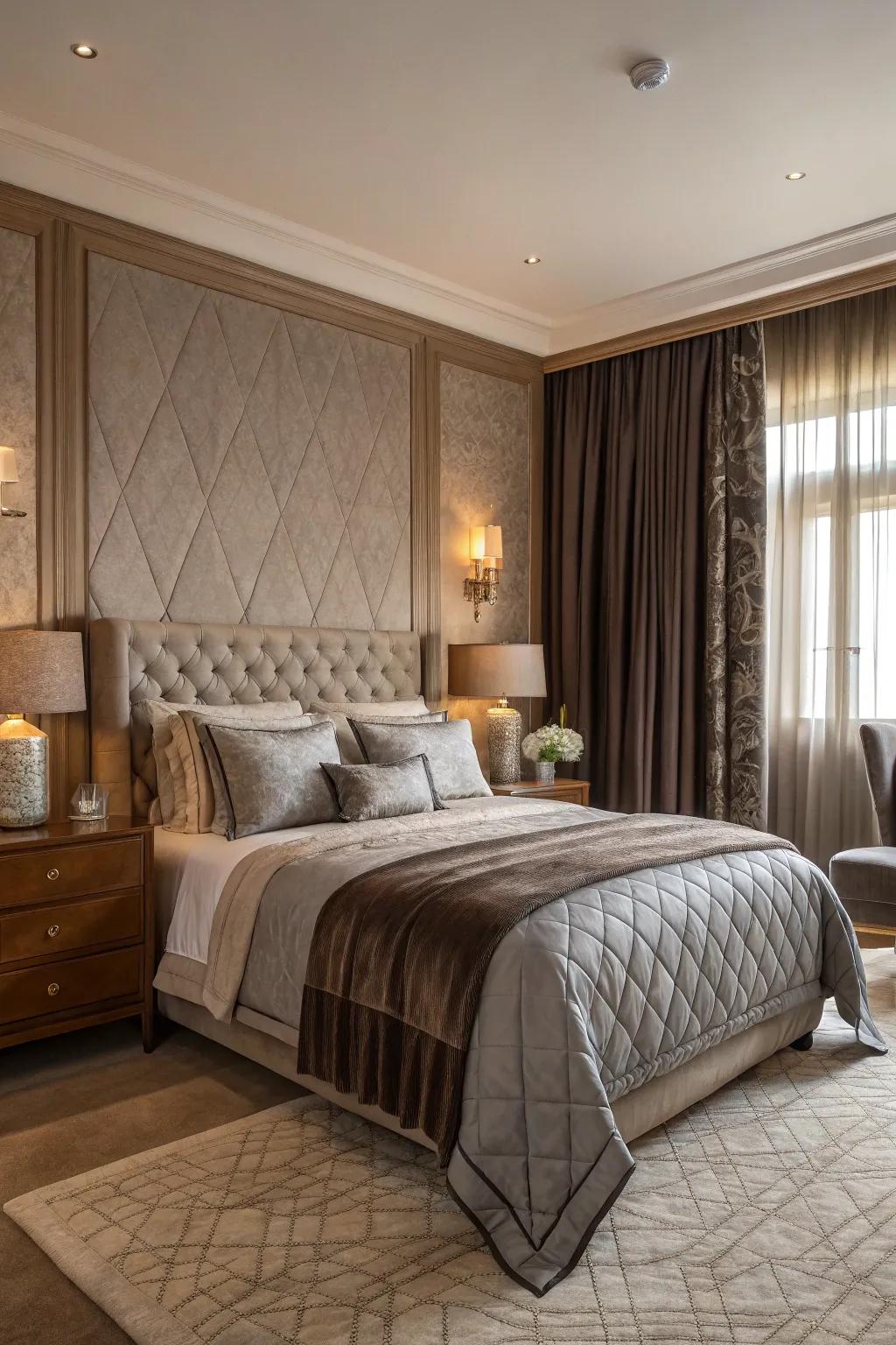 A bedroom showcasing blended textures in soft brown and grey.