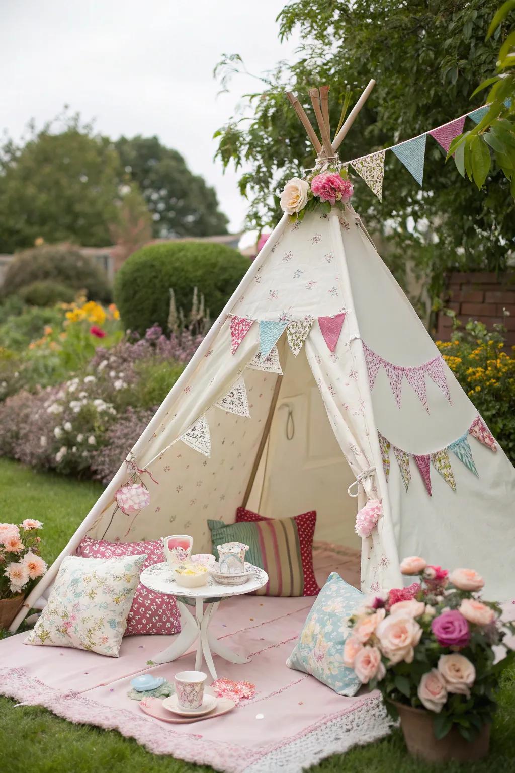 A charming teepee shelter setup adds a fanciful touch to the tea party.