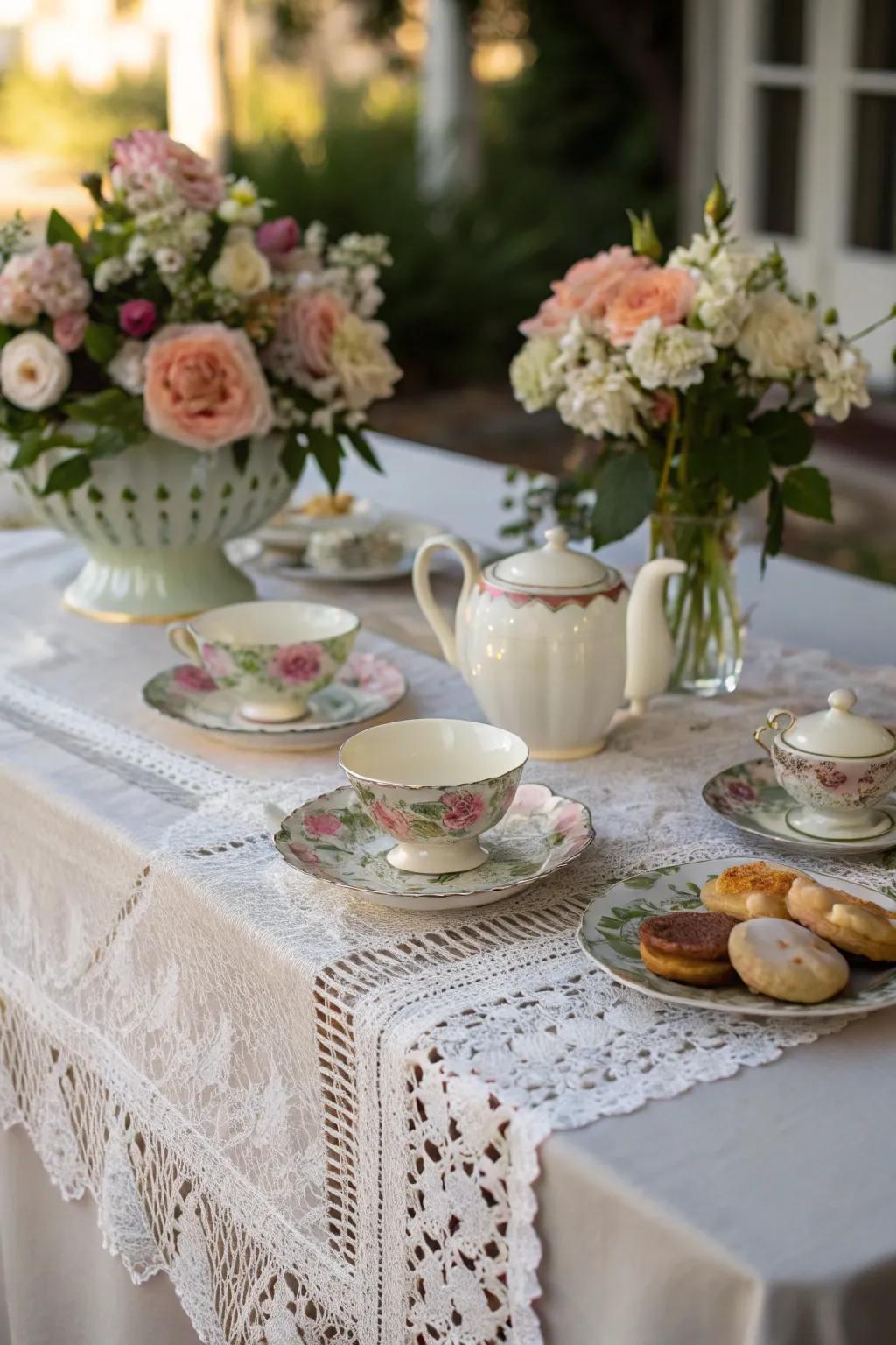A mesh tablecloth infuses vintage elegance into the tea gathering setup.