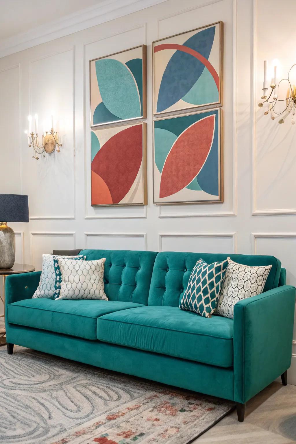Striking wall art can make your teal settee stand out even more.
