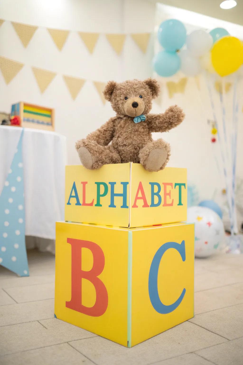 A spirited centerpiece showcasing a cuddly bear upon an alphabetical cube.
