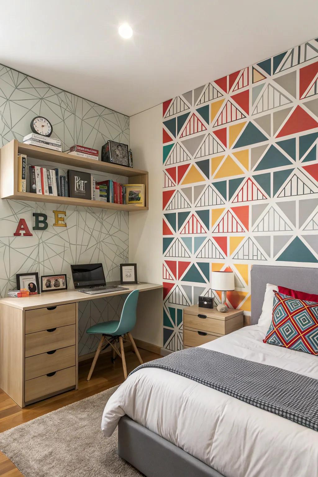 A teen boy's room features impressive geometric wallpaper for a modern aesthetic.