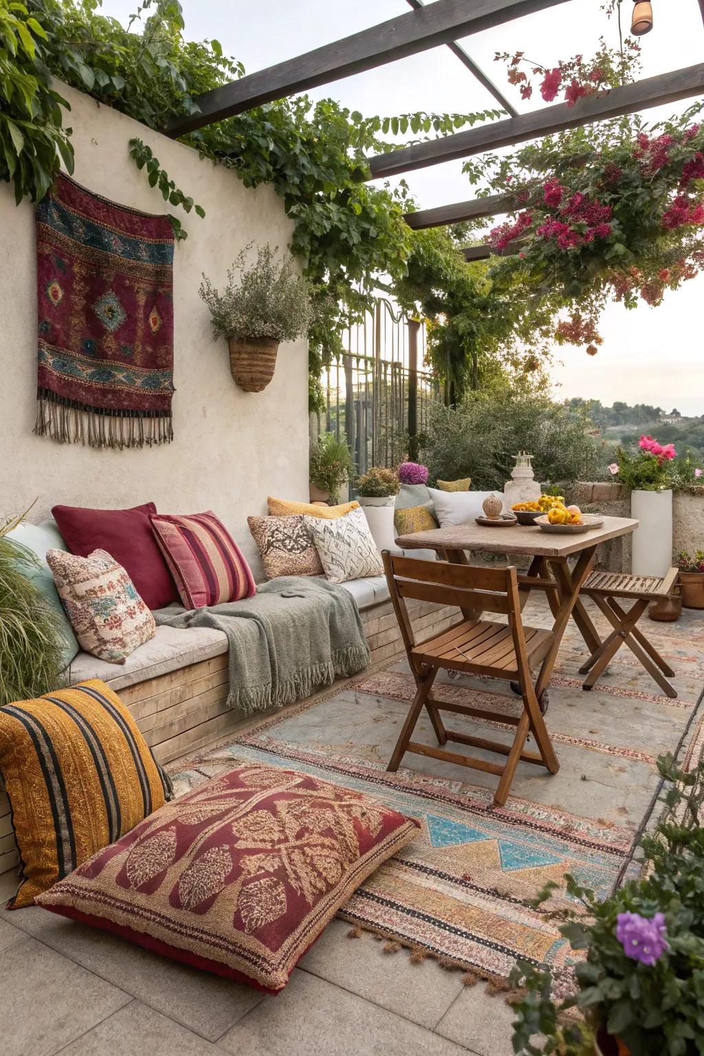 Fabrics contribute warmth and ease to a terrace.