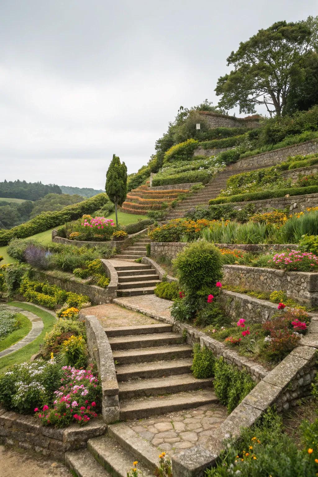 A terraced garden featuring distinct levels and steps, enriching the landscape's visual appeal.