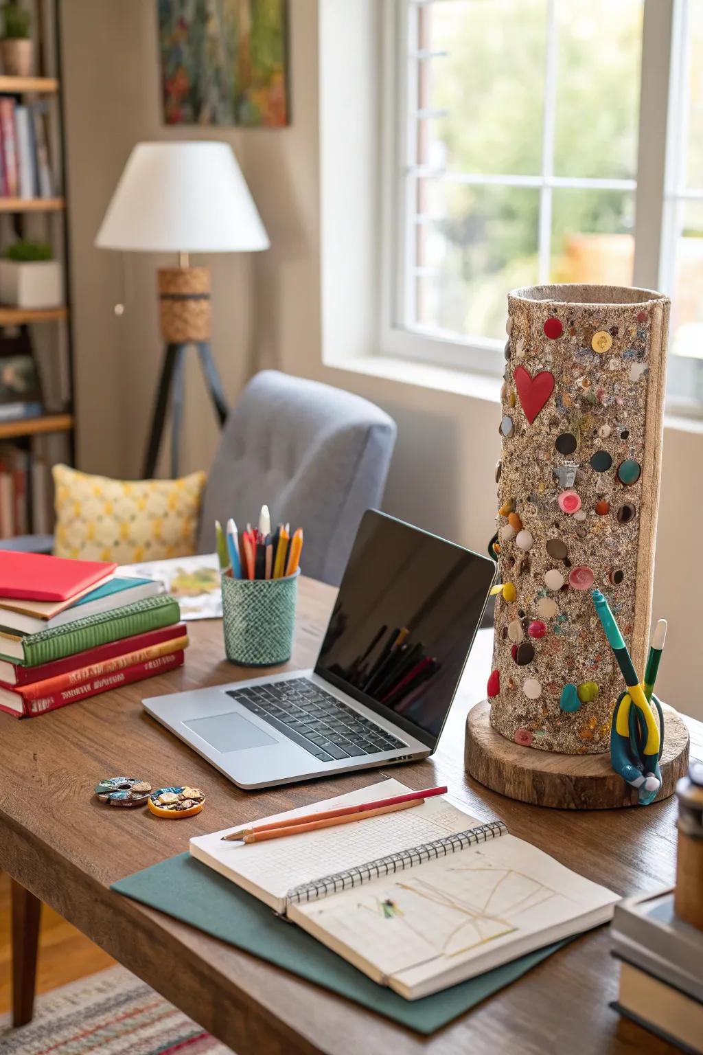 This creative textured art piece highlights the imaginative application of common household objects.