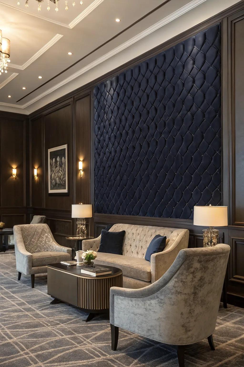 A chic lounge featuring a dark navy textured wall.