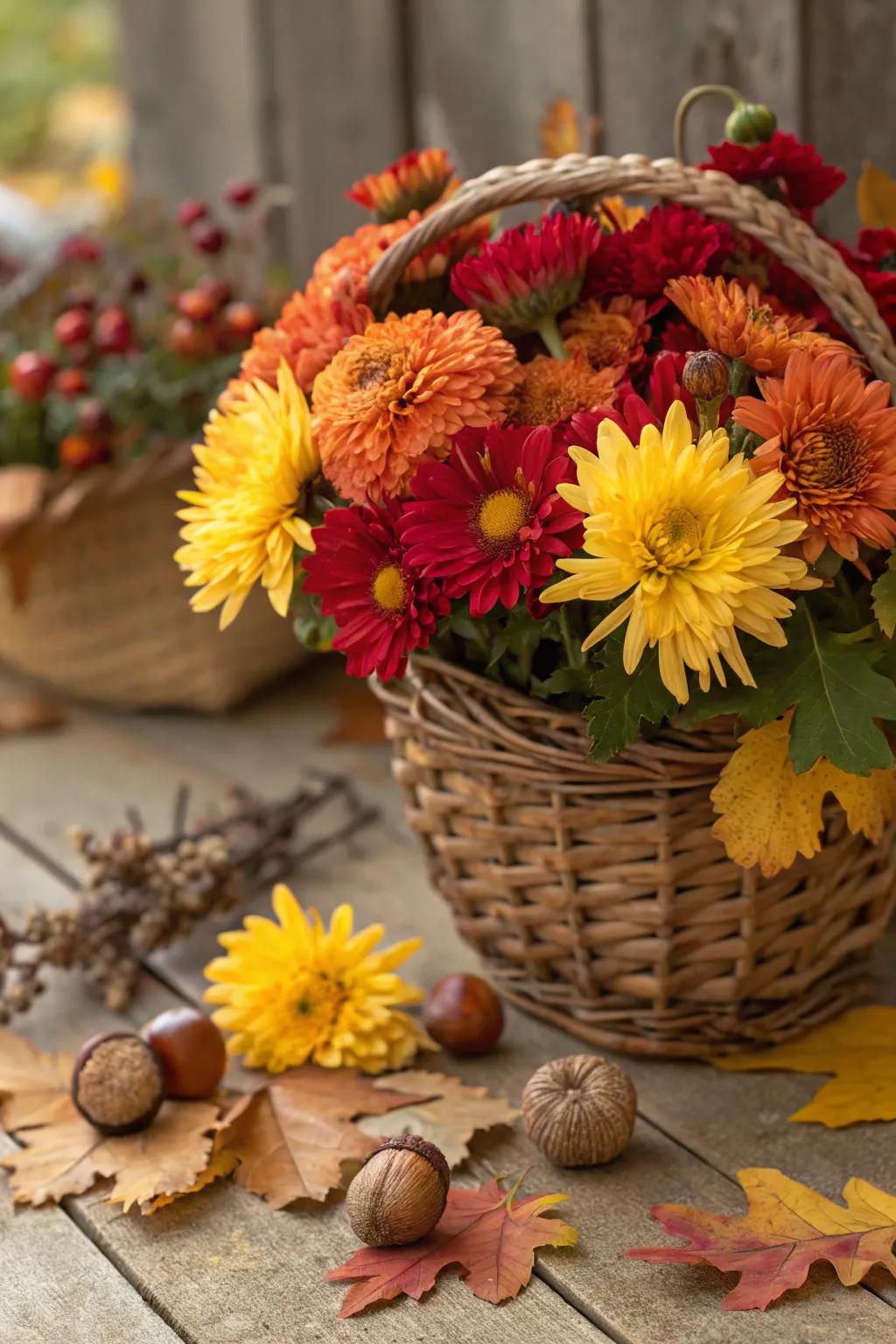 Seasonal blooms like chrysanthemums deliver a burst of pigment.