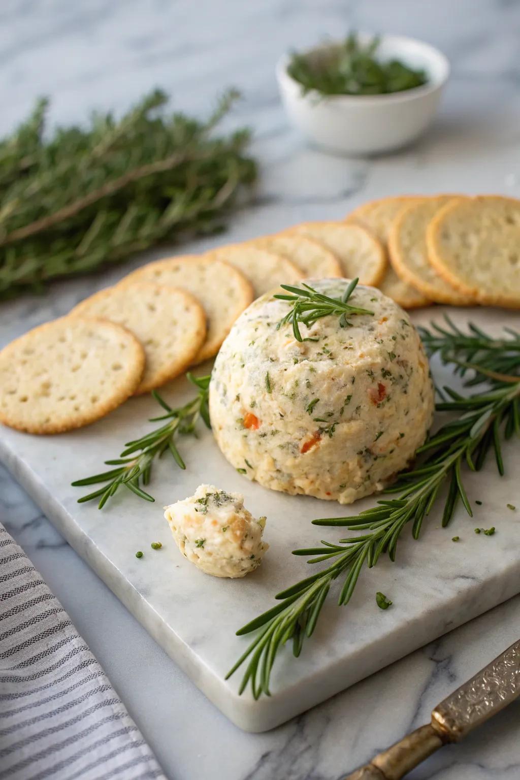 An herb-kissed cheese ball, abundant with aromatic herbs.