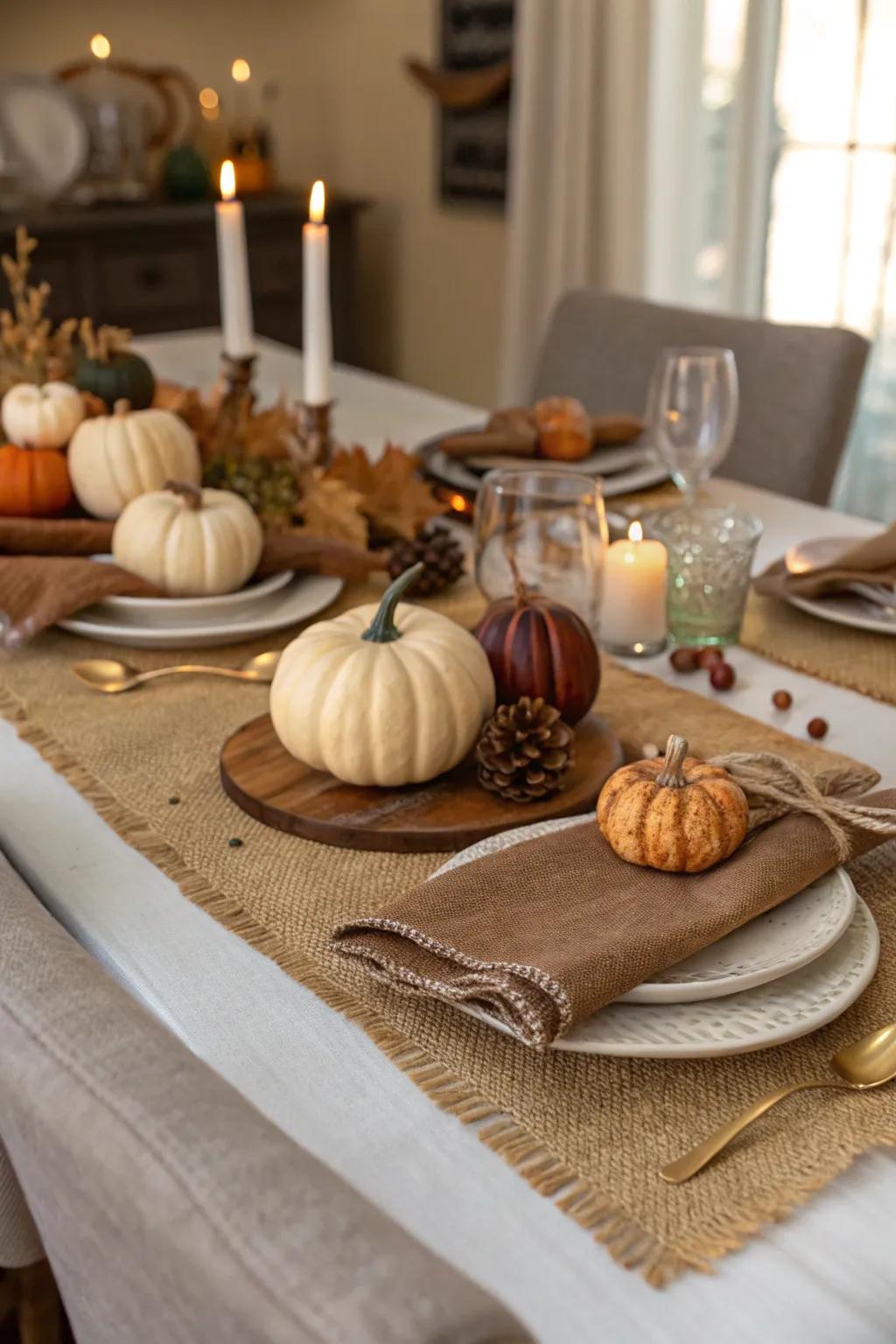 A Thanksgiving-themed table setting filled with rustic charm.
