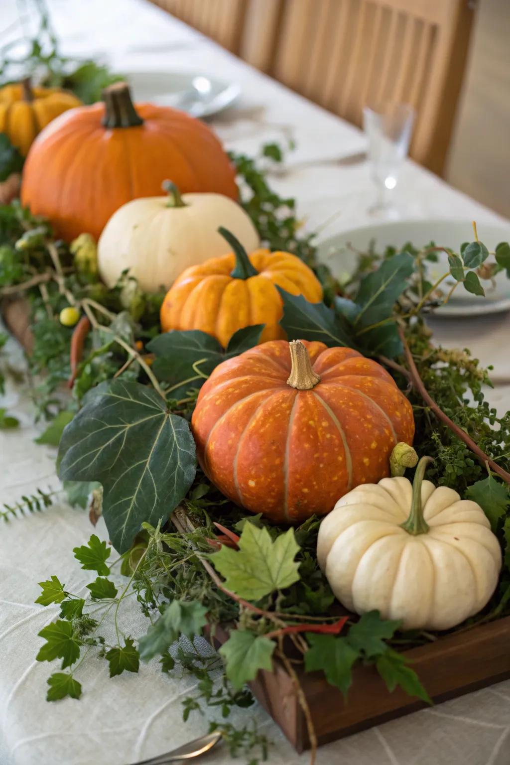 A sophisticated pumpkin arrangement centerpiece gracing your table.