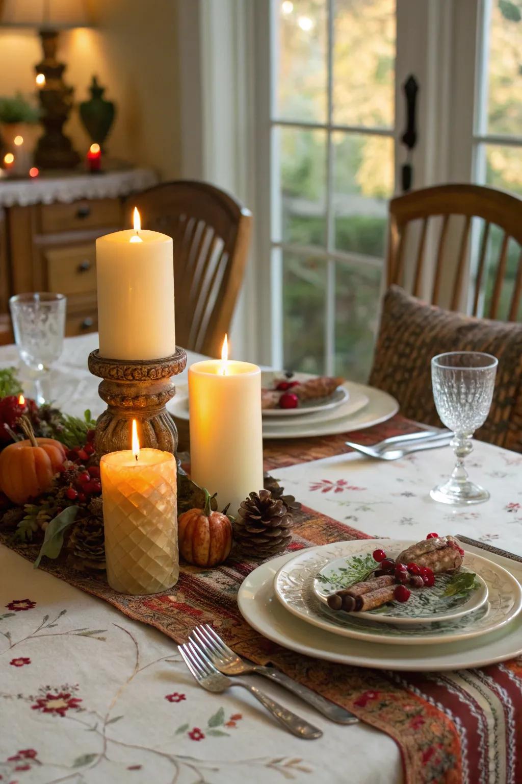 An assortment of candles introduces warmth and elegance to the table.