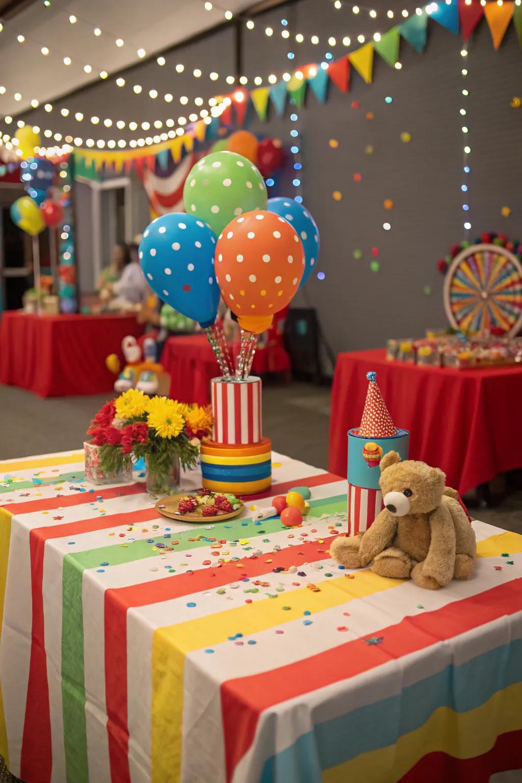 Themed tables elevate the carnival ambiance.