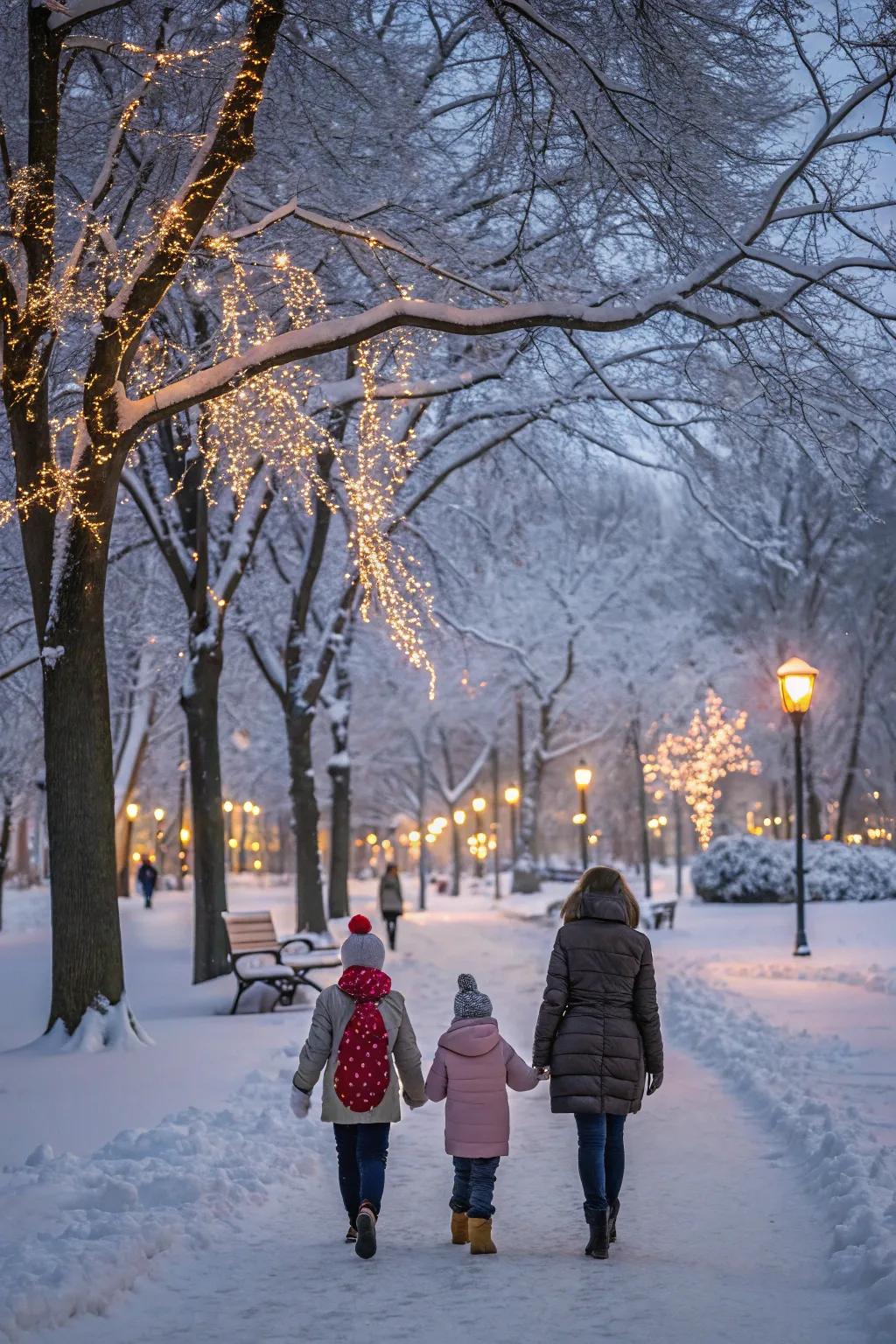 A peaceful walk through a snowy scene.