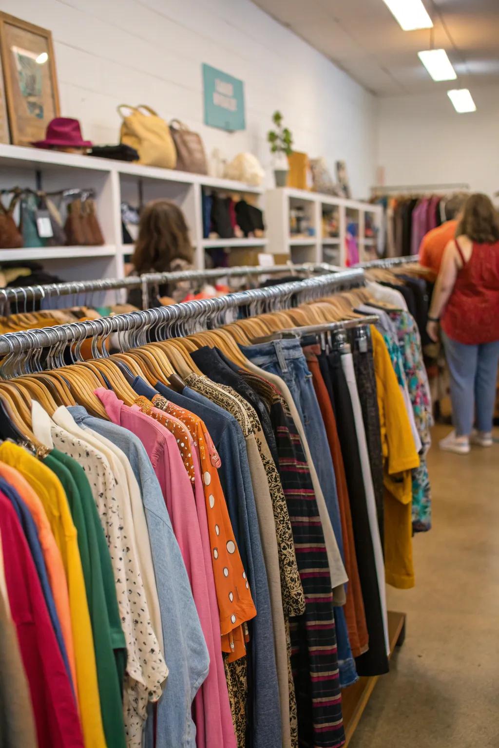 A fashionable attire rack featuring outfits sequenced by color.