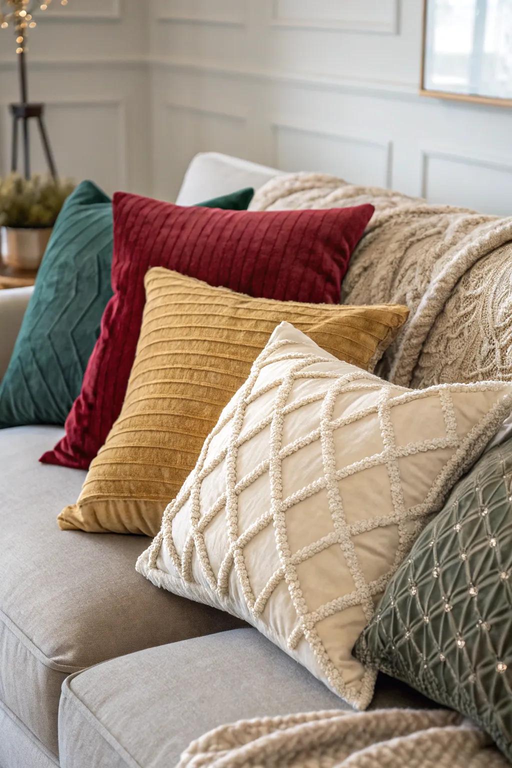 A tactile delight featuring velvet, linen, and knit cushions contributing dimension to the decor.