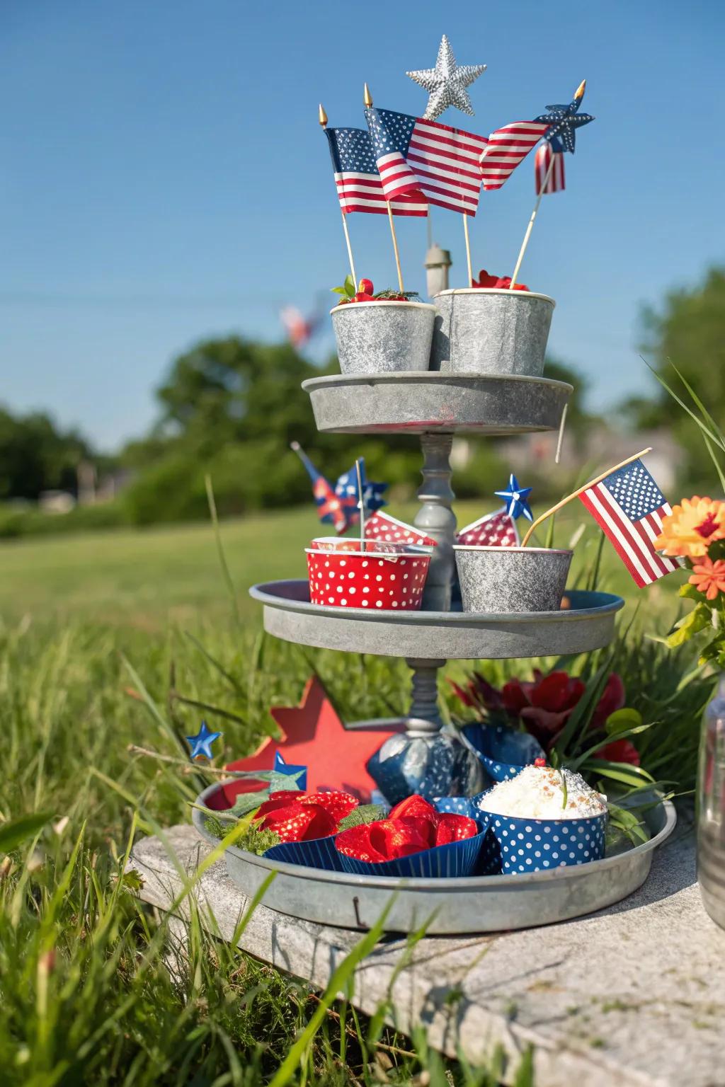A patriotic-themed tiered tray is perfect for celebrating Independence Day.