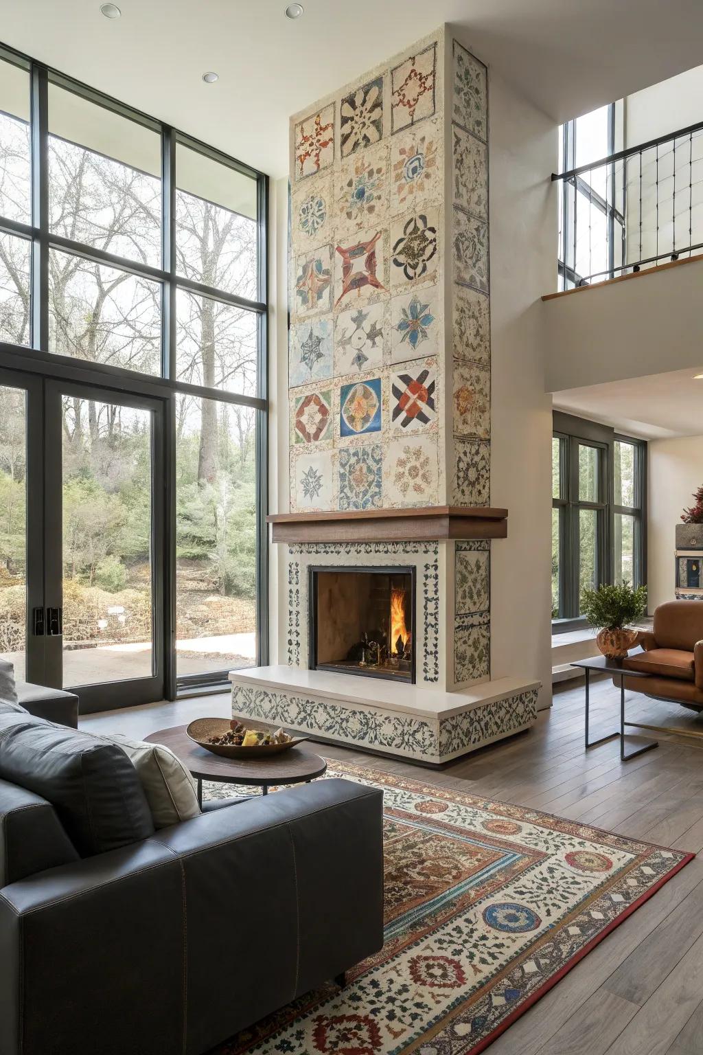 Artistic tiling transforms this fireplace into an eye-catching focal point.