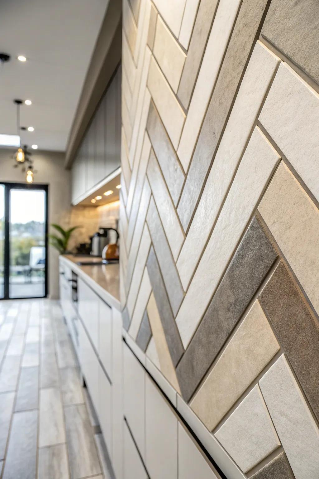 Slanted stick tiles add unexpected depth to this stylish wall.