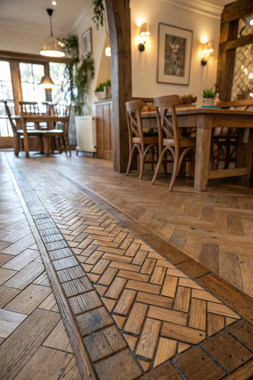 Basketweave tiles establish a textured transition into a timber floor.