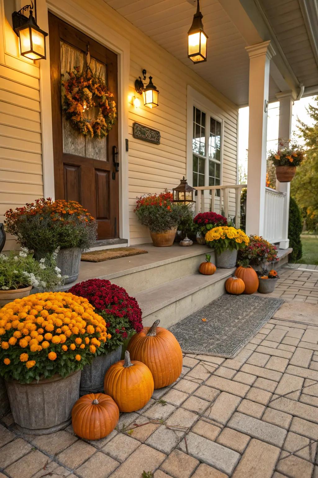 Seasonal decor contributes a vibrant touch to this beautifully tiled porch.