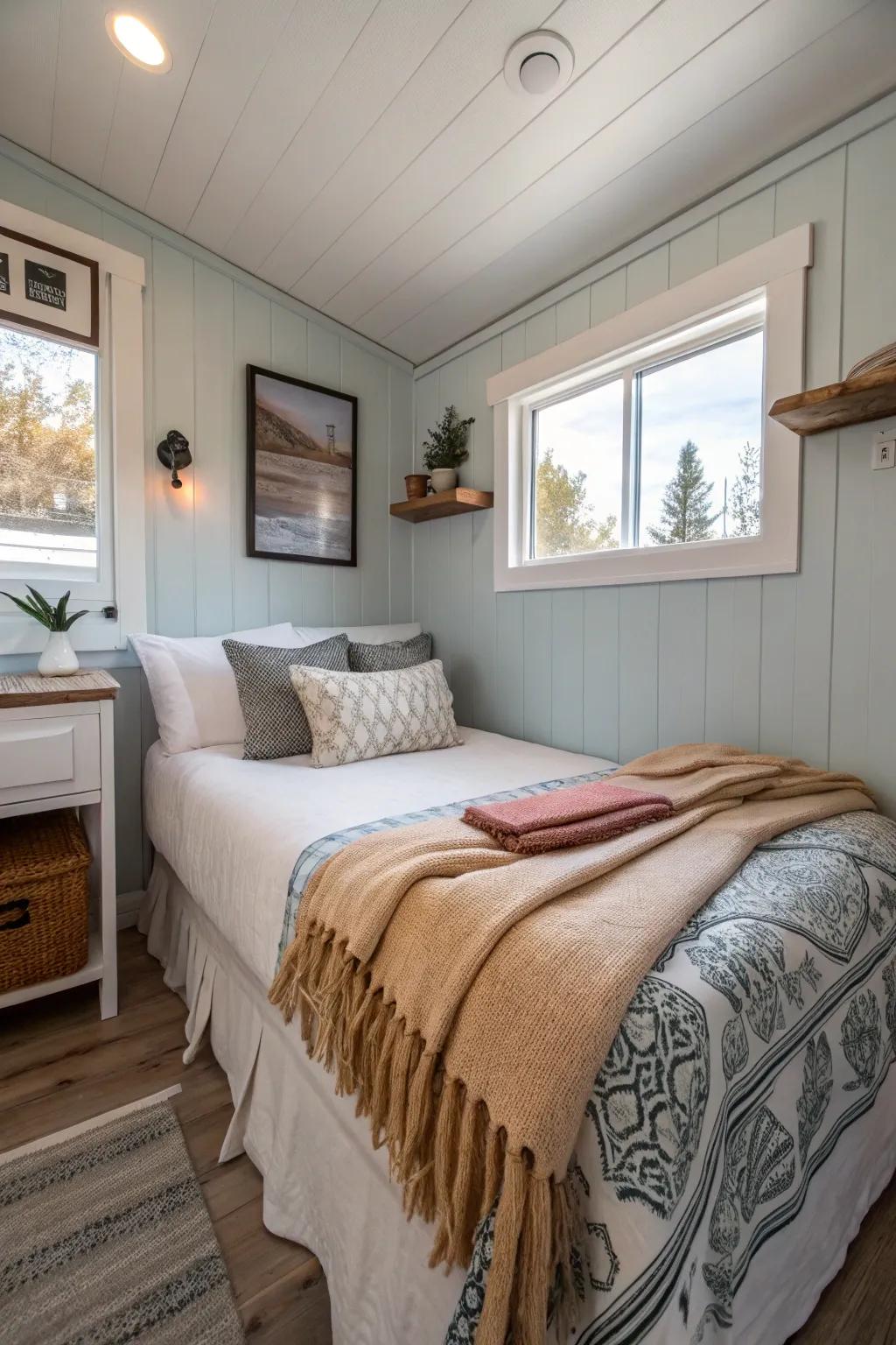 Soft fabrics adding warmth to a simple small sleeping space.