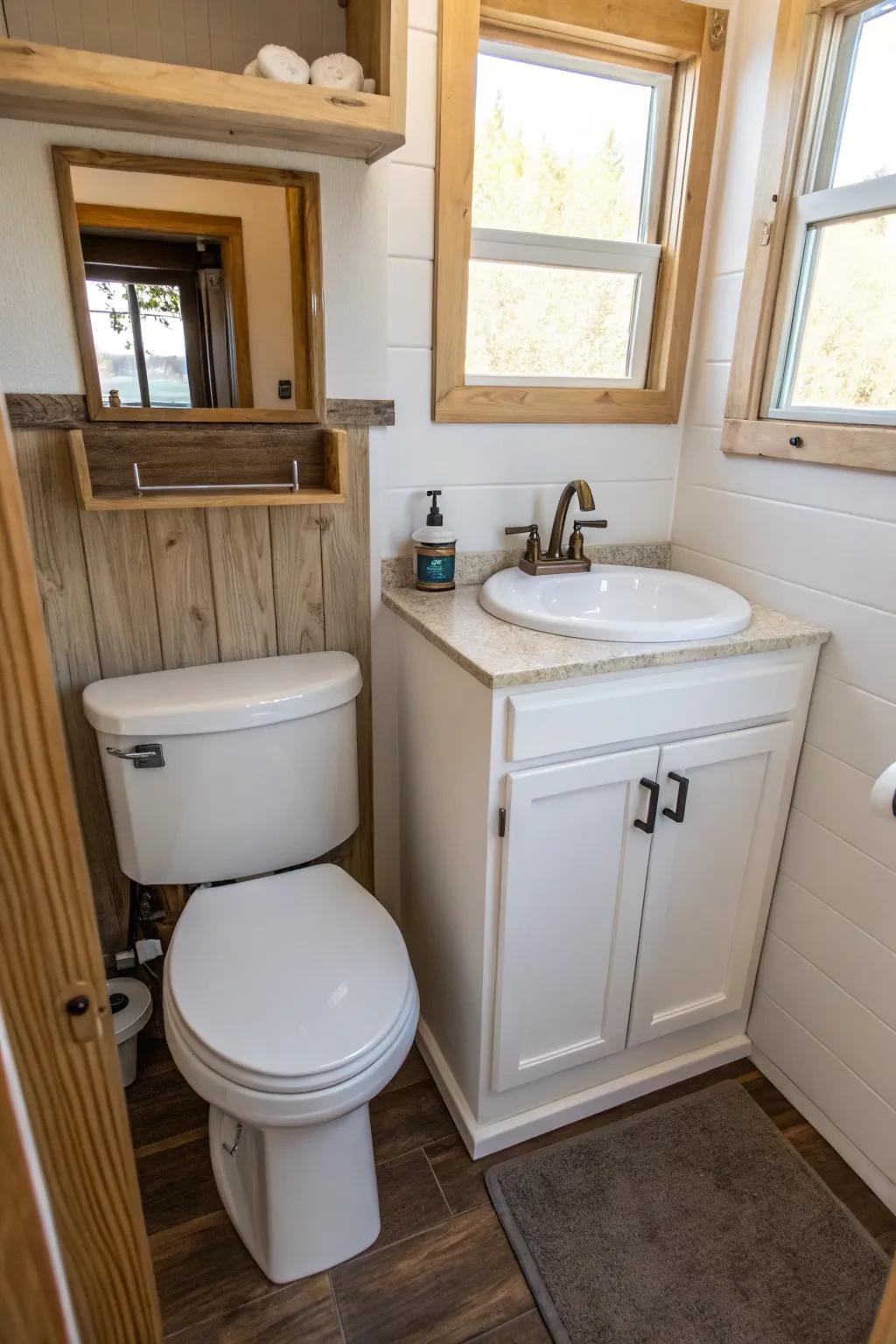 A lavatory-washbasin combination cleverly saves space and water.