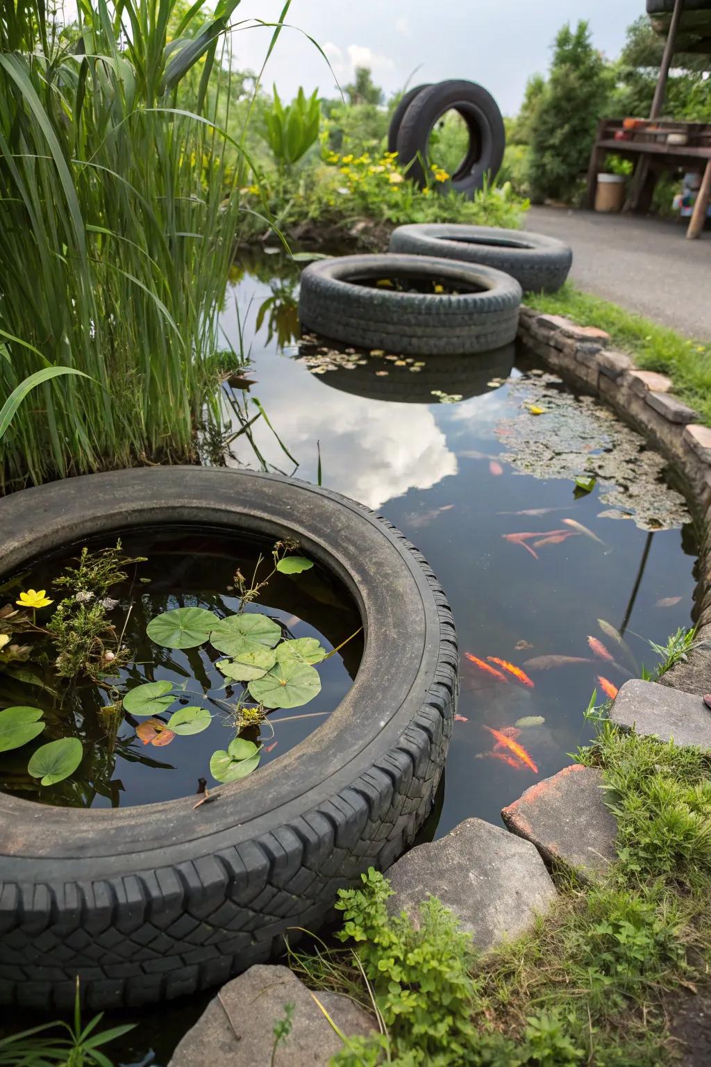 A tire pond transformed into a lively scaled-down water garden.
