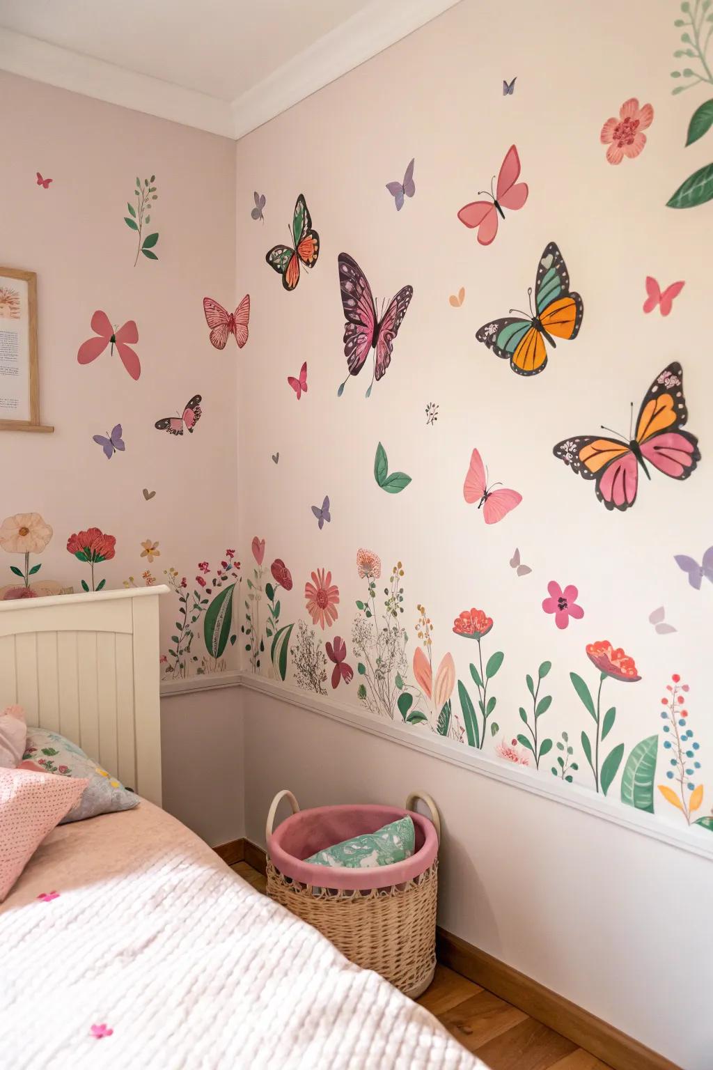 Art inspired by nature introduces a whimsical element to a child's room.