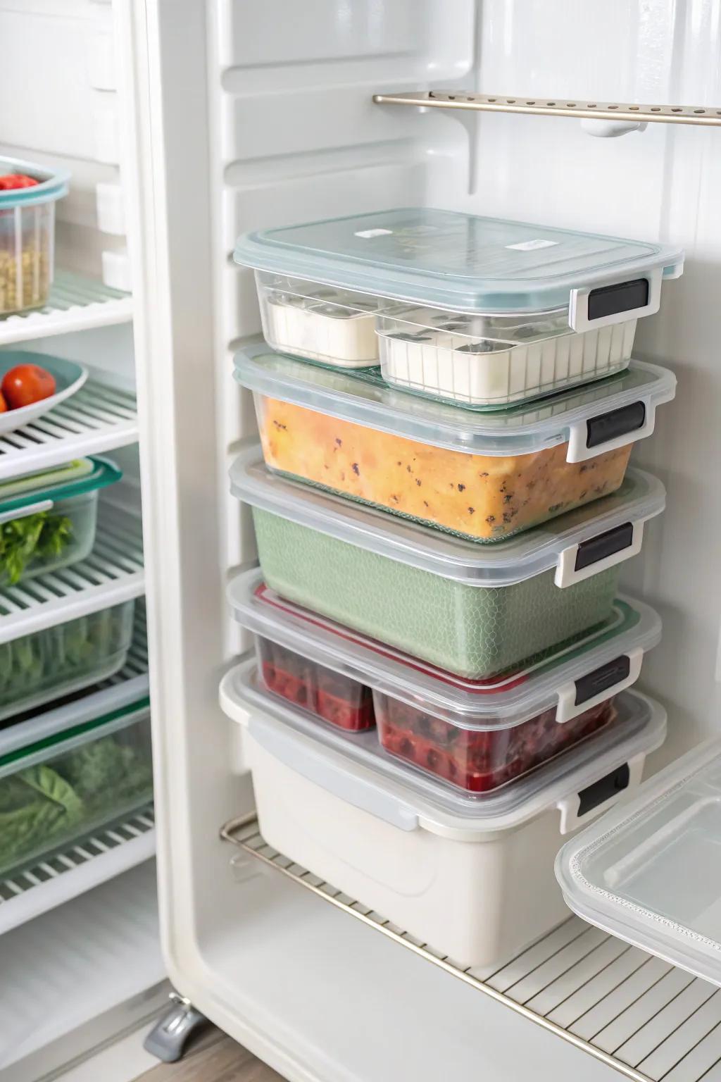 Stackable containers within a top freezer, demonstrating effective use of vertical storage.