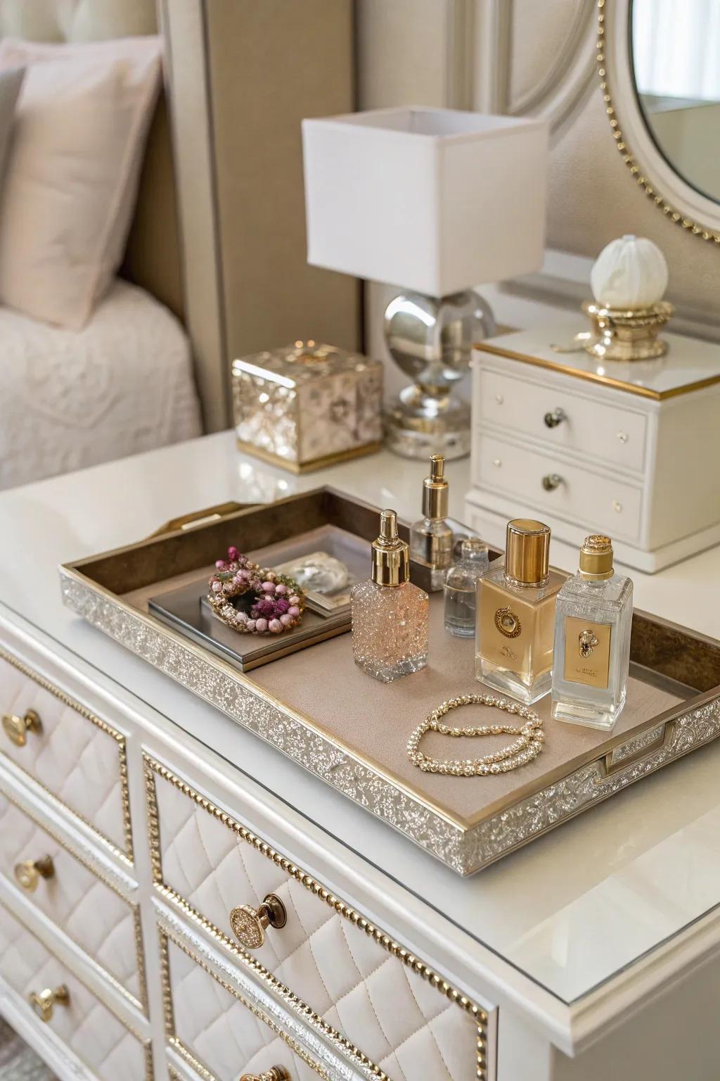 A decorative tray enhances both the organization and aesthetic appeal of a dresser.