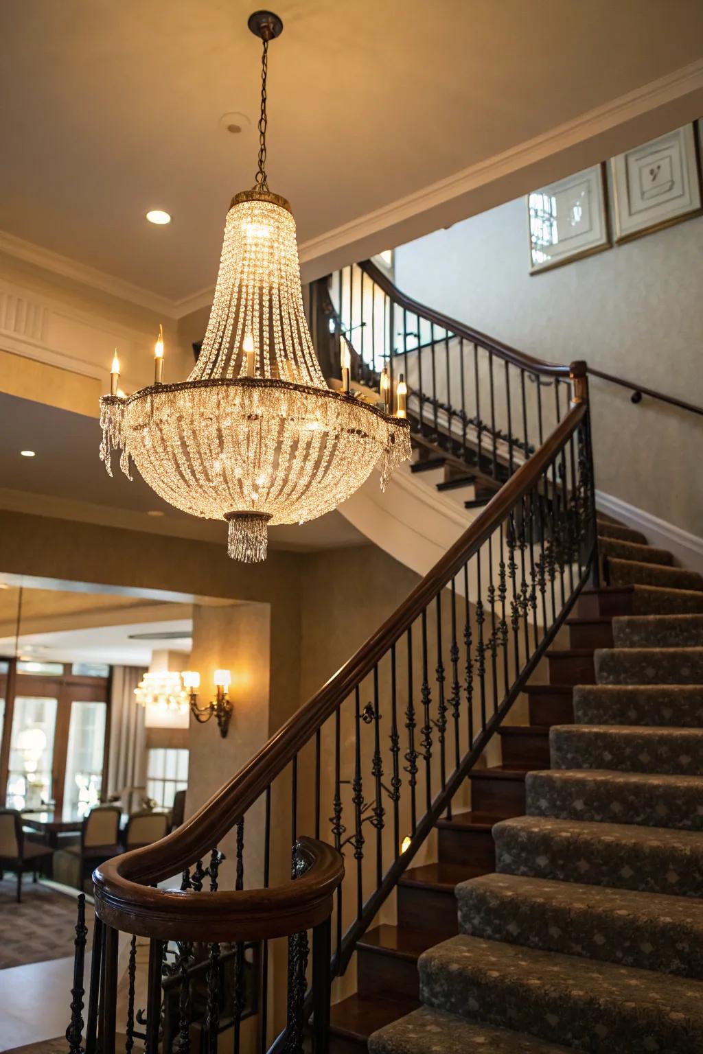 Striking illumination possesses the transformative potential to redefine the ambiance of your stairwell.