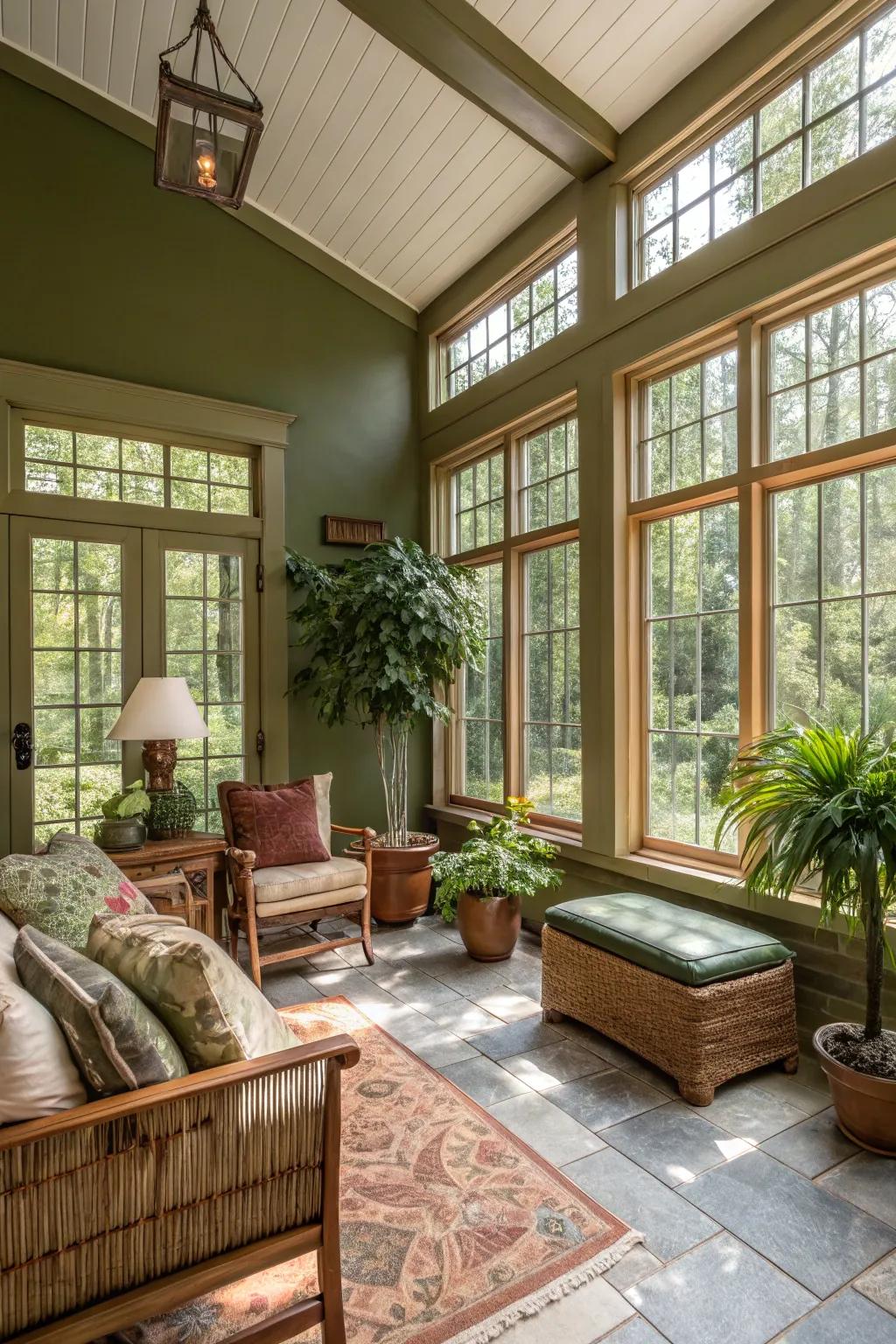 Moss green walls in a sunroom that seamlessly connects with nature.