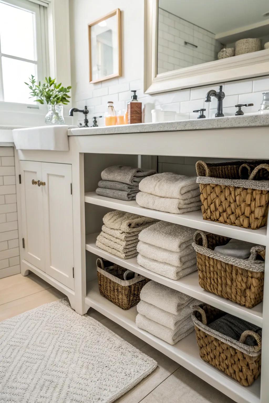 Under-sink storage is a smart way to use space in small bathrooms.