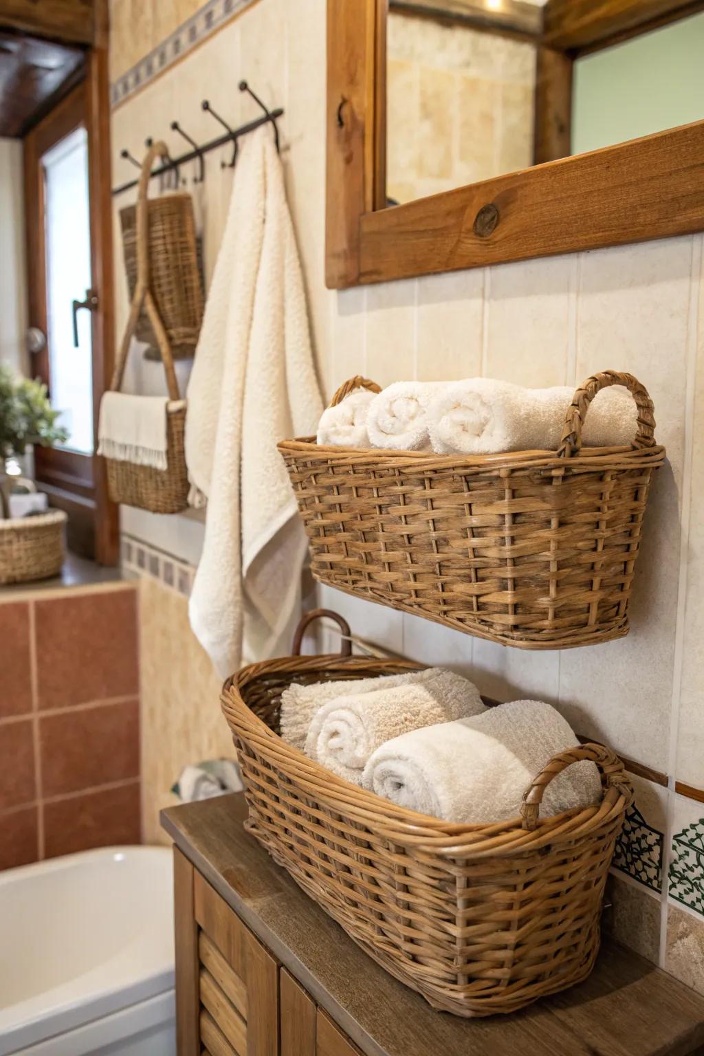 Wall-mounted baskets offer homespun charm and functionality.