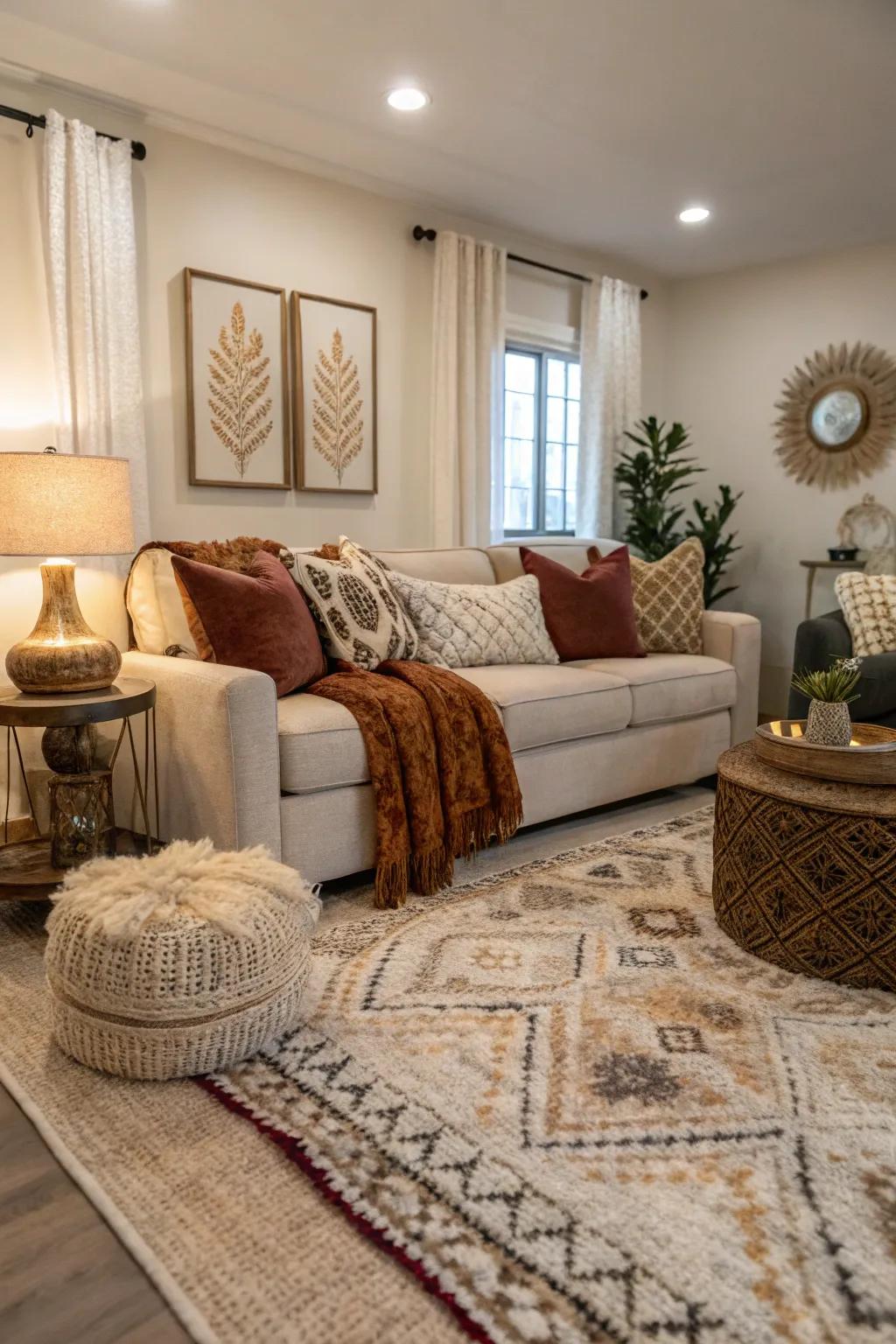 Layered detailing contributes profundity and warmth to a lounge.
