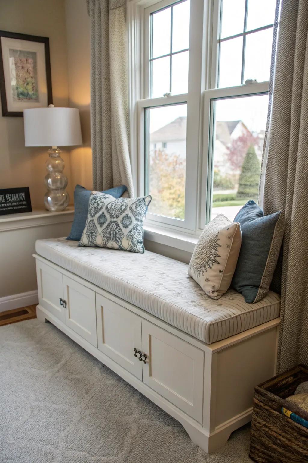 Below-bench storage blends seating amenities with discreet toy safekeeping.