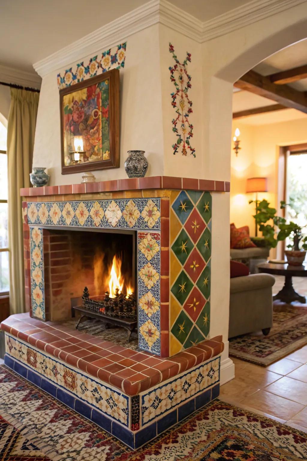 A vibrant tiled hearth infuses the fireplace with color.