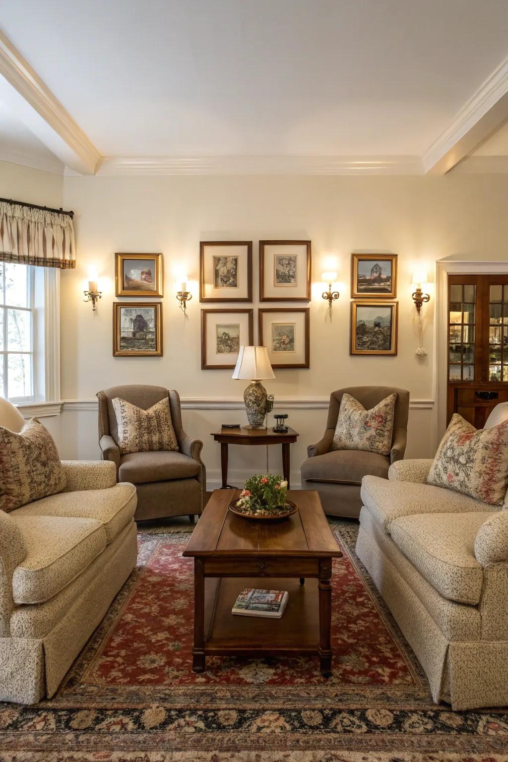 Balanced arrangements bring harmony to this traditional relaxation space.