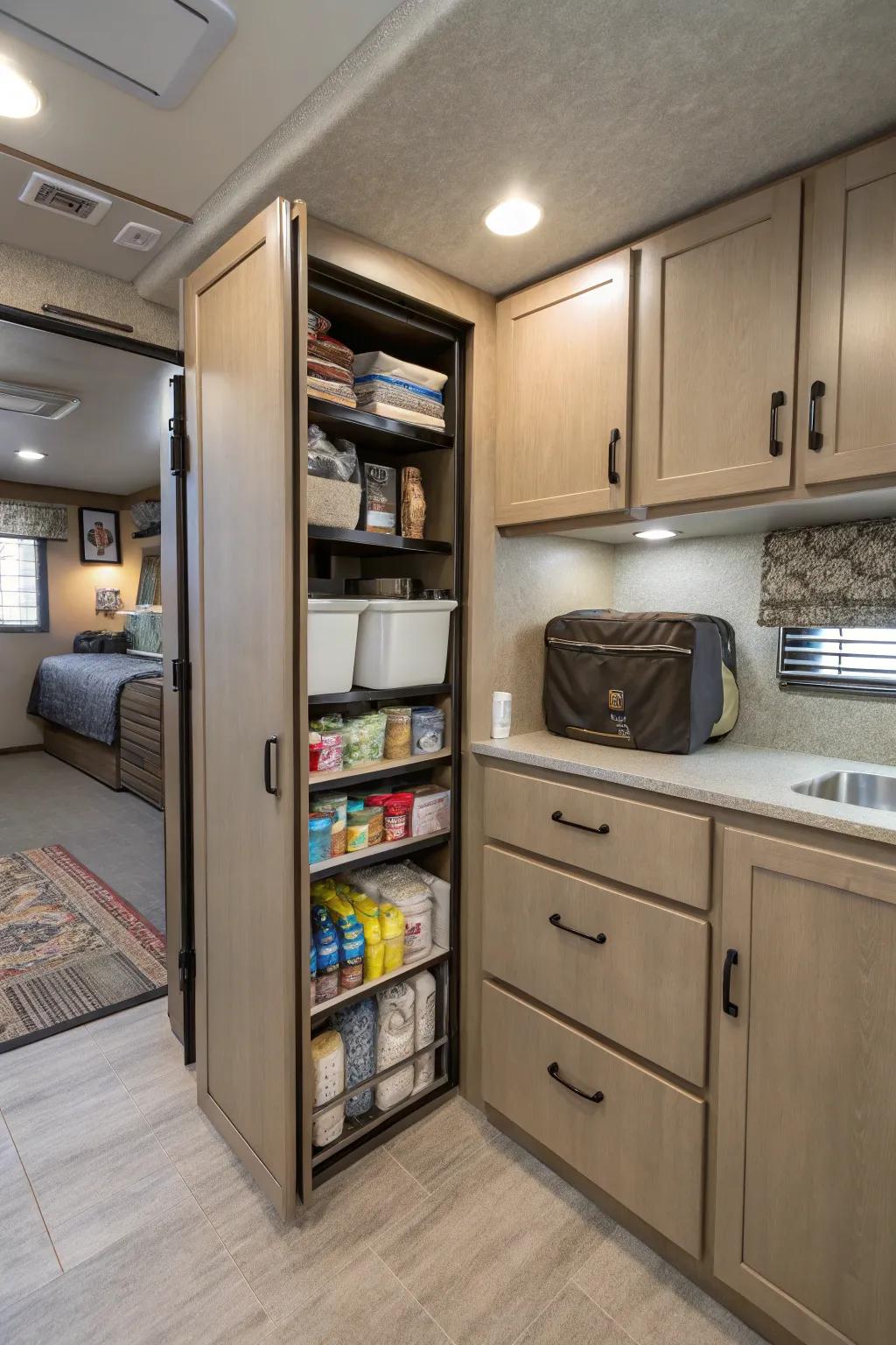 A camper displaying ingenious storage methods, maximizing space and organization.