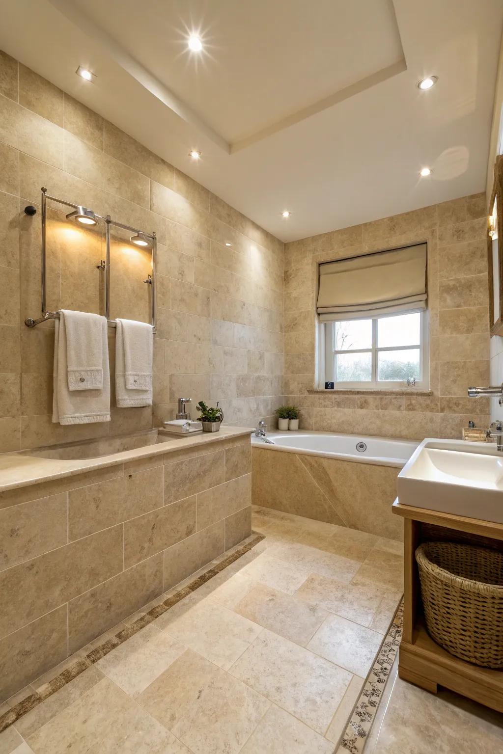 A calming travertine bathroom with a neutral color palette and soft, ambient lighting.