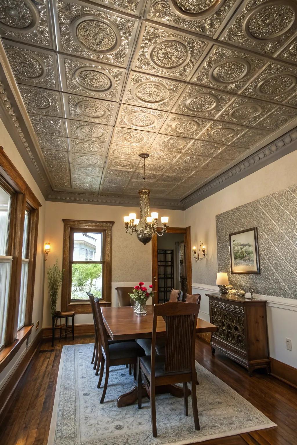 A dining room displaying the allure of a tray ceiling with period metal tiles.